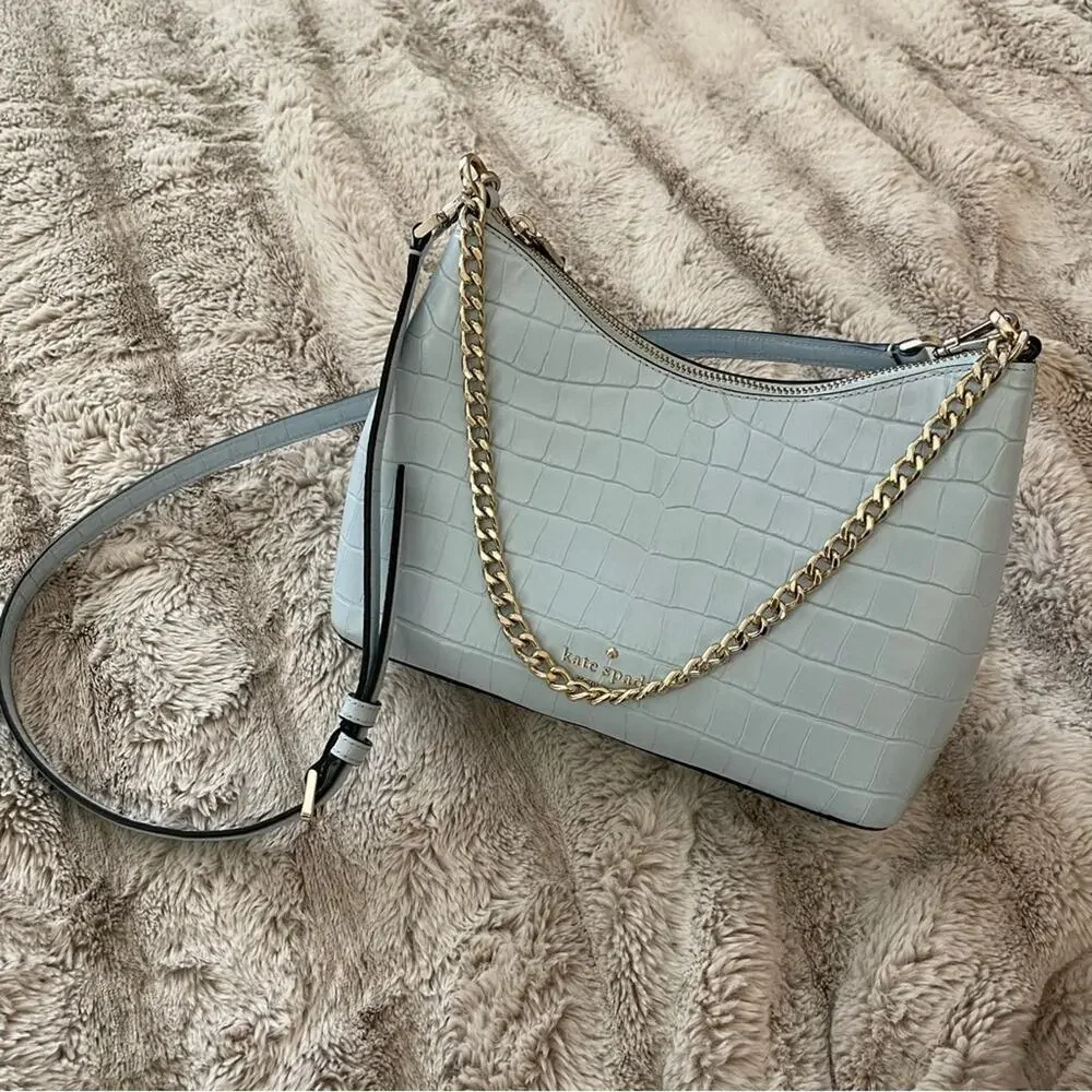Kate Spade Zippy Frosty Sky Blue‎ Convertible Crocodile Leather Crossbody Purse